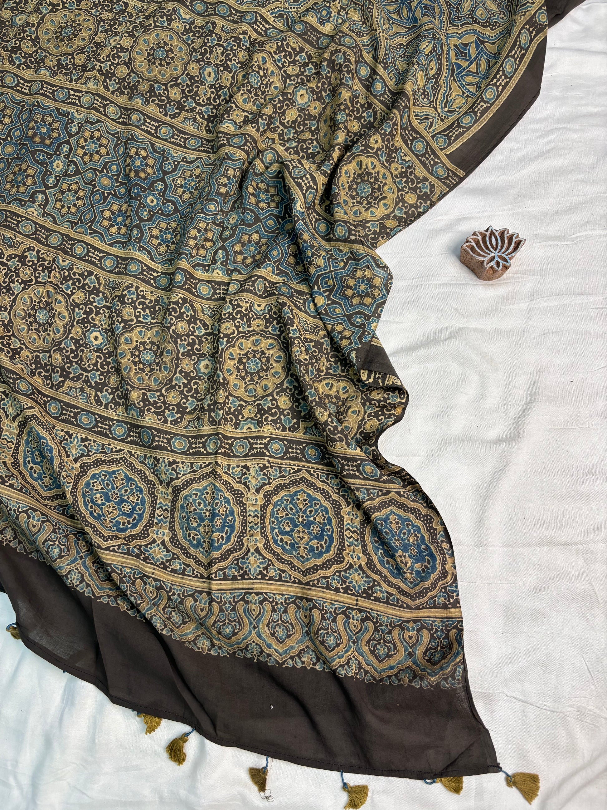Black Ajrakh Hand Block Printed Cotton Saree - Earthy Blocks