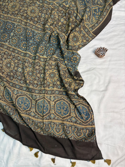 Black Ajrakh Hand Block Printed Cotton Saree - Earthy Blocks