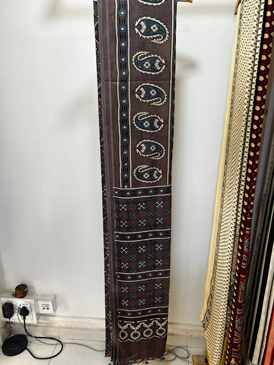 KHAAKI — Brown Ajrakh Hand Block Printed Modal Silk Saree