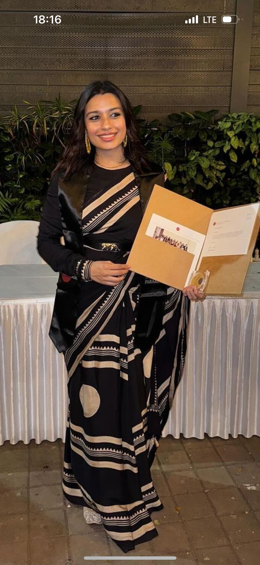 SIENNA — Black Ajrakh Hand Block Printed Modal Silk Saree