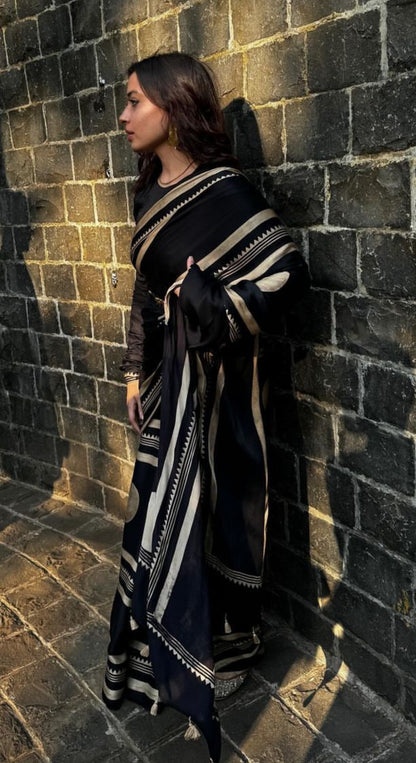 SIENNA — Black Ajrakh Hand Block Printed Modal Silk Saree