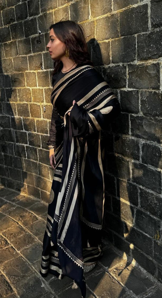 SIENNA — Black Ajrakh Hand Block Printed Modal Silk Saree
