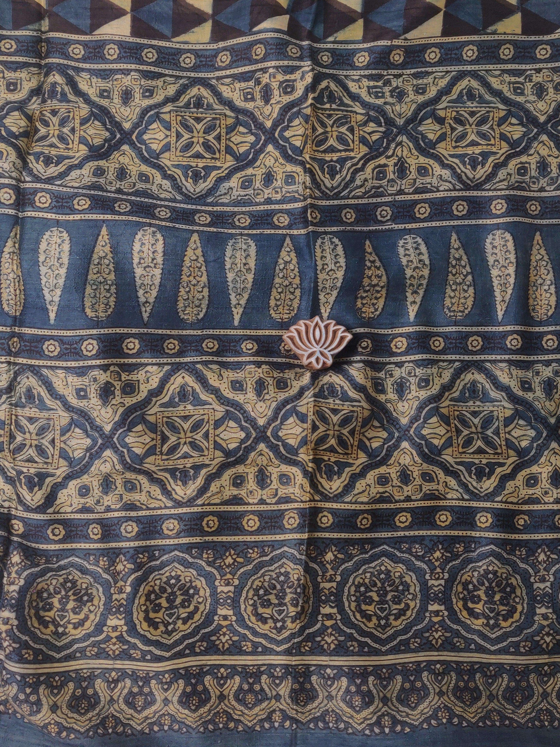 Indigo Ajrakh Tussar Hand Block Printed Silk Saree - Earthy Blocks