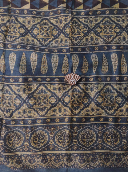 Indigo Ajrakh Tussar Hand Block Printed Silk Saree - Earthy Blocks