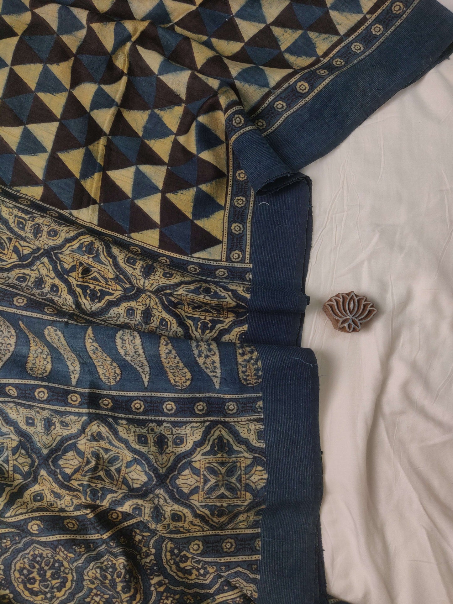 Indigo Ajrakh Tussar Hand Block Printed Silk Saree - Earthy Blocks