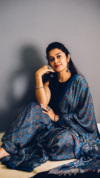 NEELKAMAL - Indigo Ajrakh Hand Block Printed Modal Silk Saree - Earthy Blocks