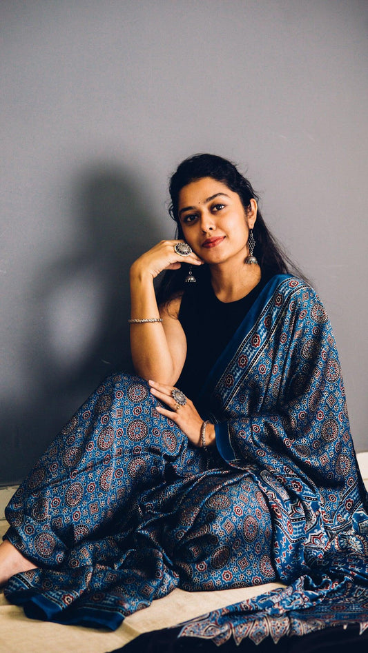 NEELKAMAL - Indigo Ajrakh Hand Block Printed Modal Silk Saree - Earthy Blocks