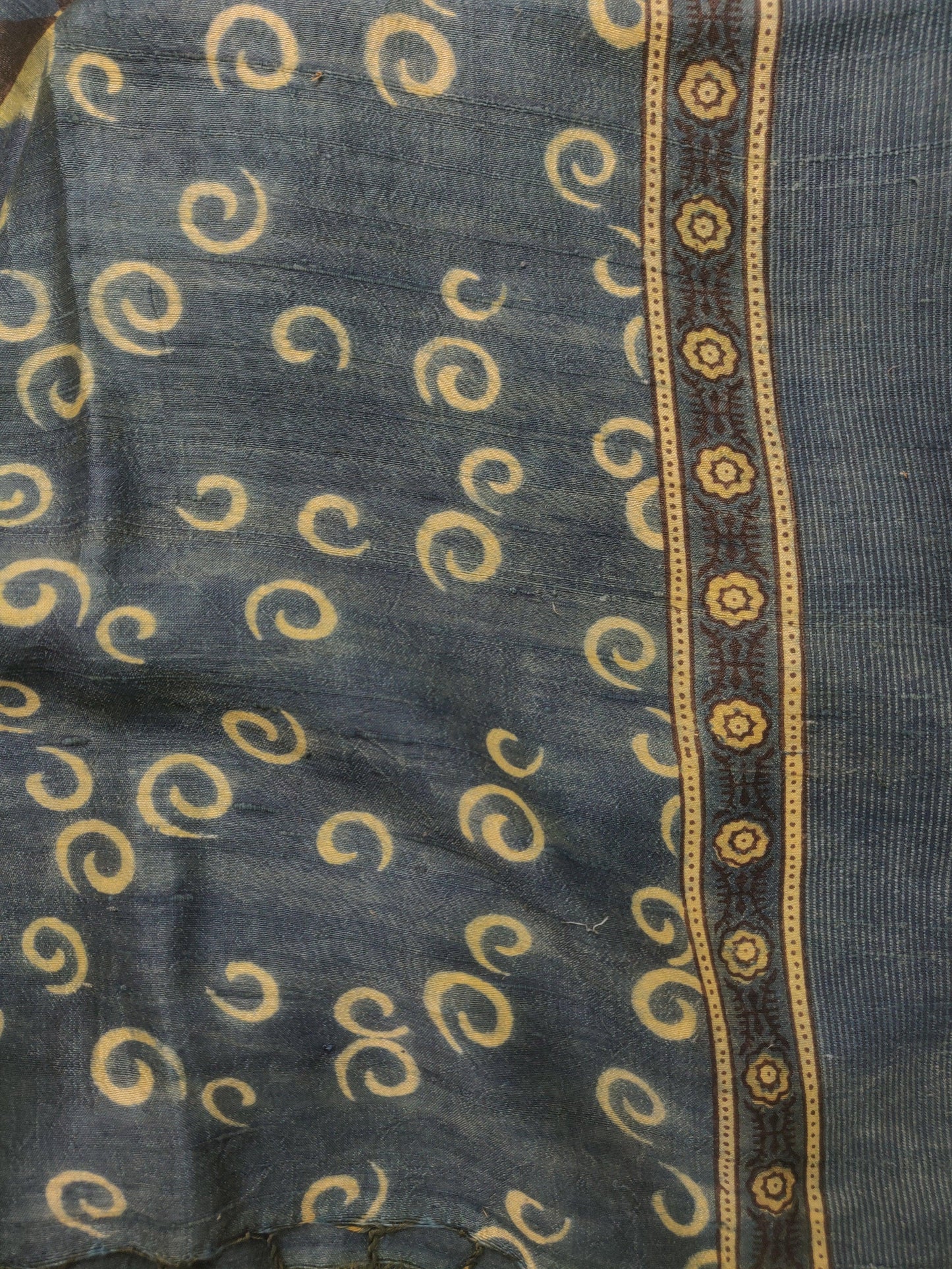Indigo Ajrakh Tussar Hand Block Printed Silk Saree - Earthy Blocks
