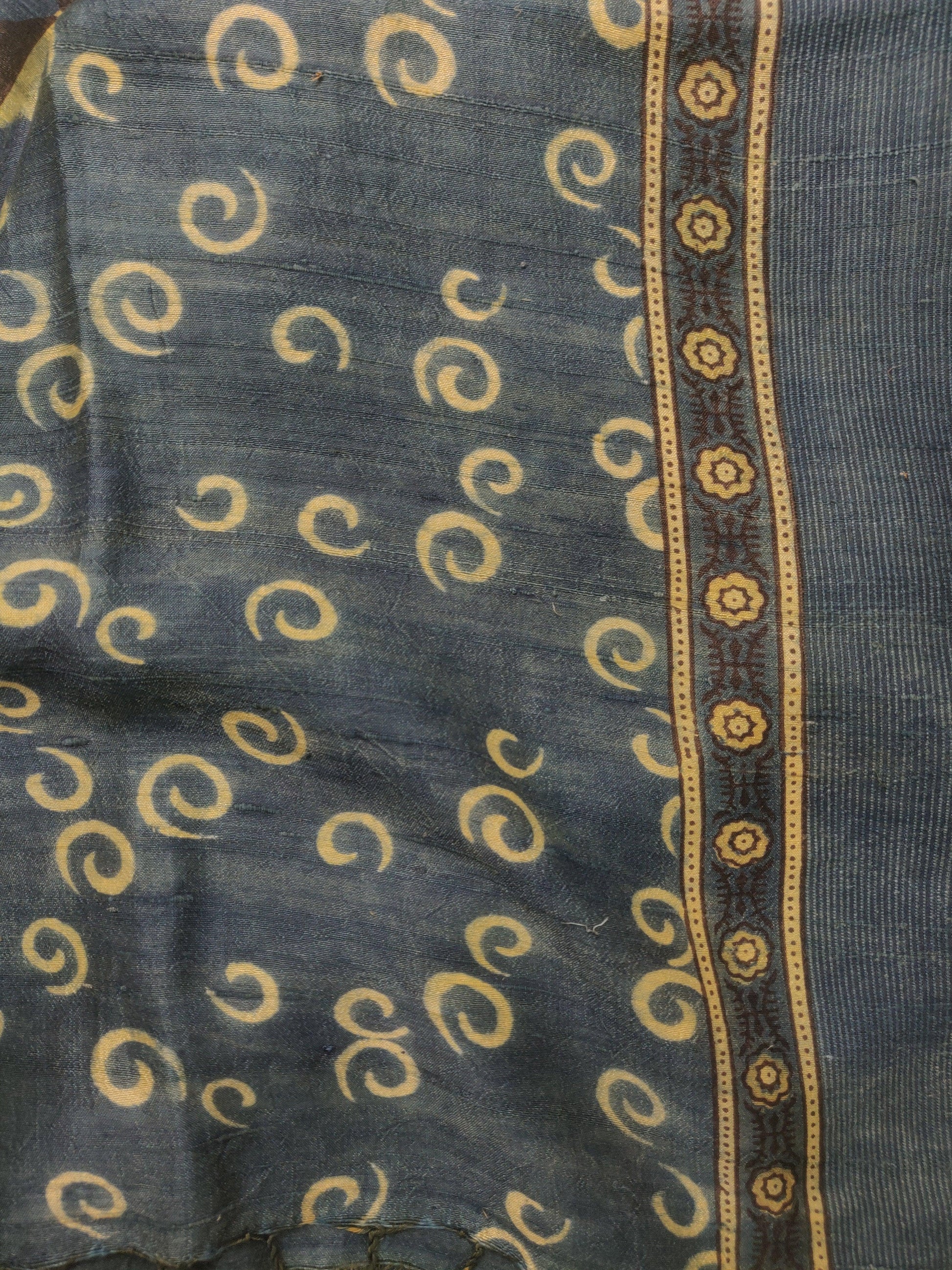 Indigo Ajrakh Tussar Hand Block Printed Silk Saree - Earthy Blocks