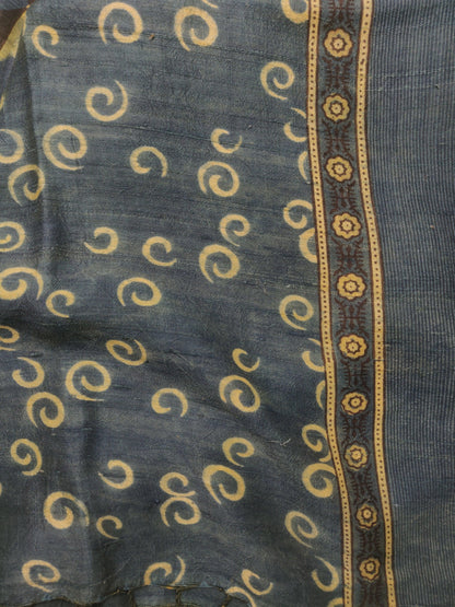 Indigo Ajrakh Tussar Hand Block Printed Silk Saree - Earthy Blocks