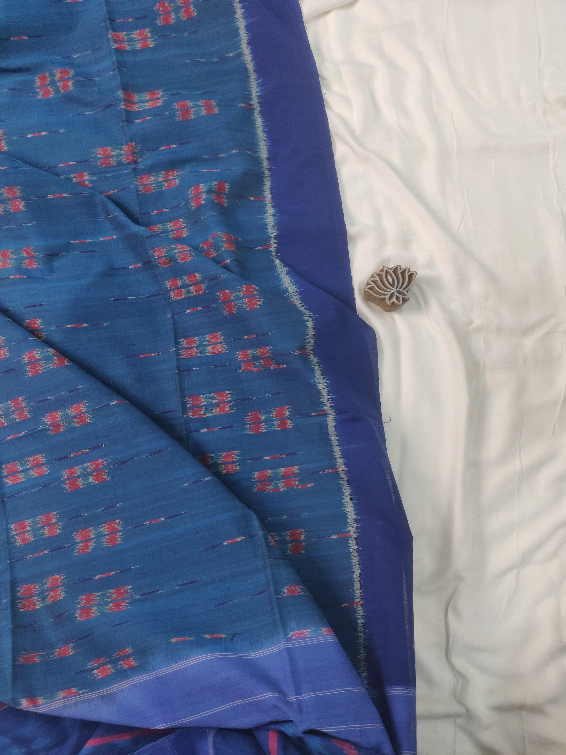 Indigo Cotton Handloom Ikkat Saree body - Earthy Blocks