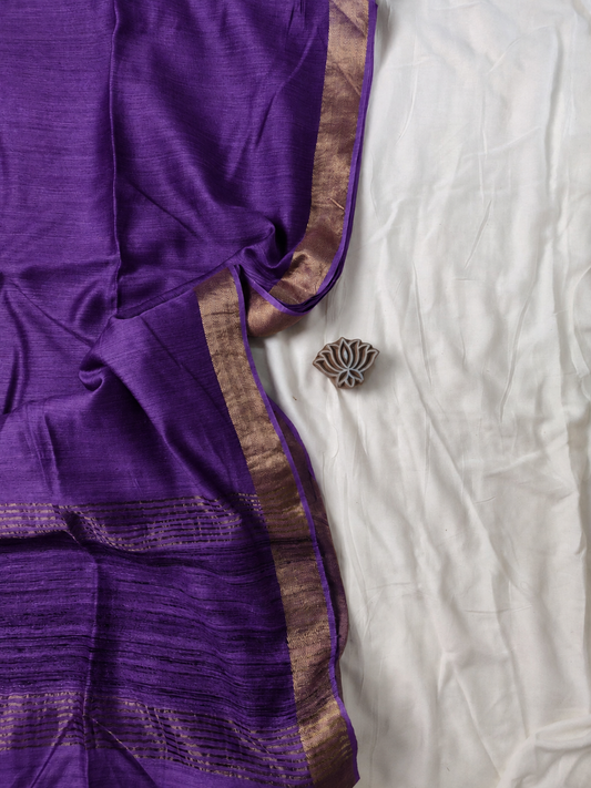 KUMUD — Deep Purple Munga Silk Saree with Gold Border & Pallu