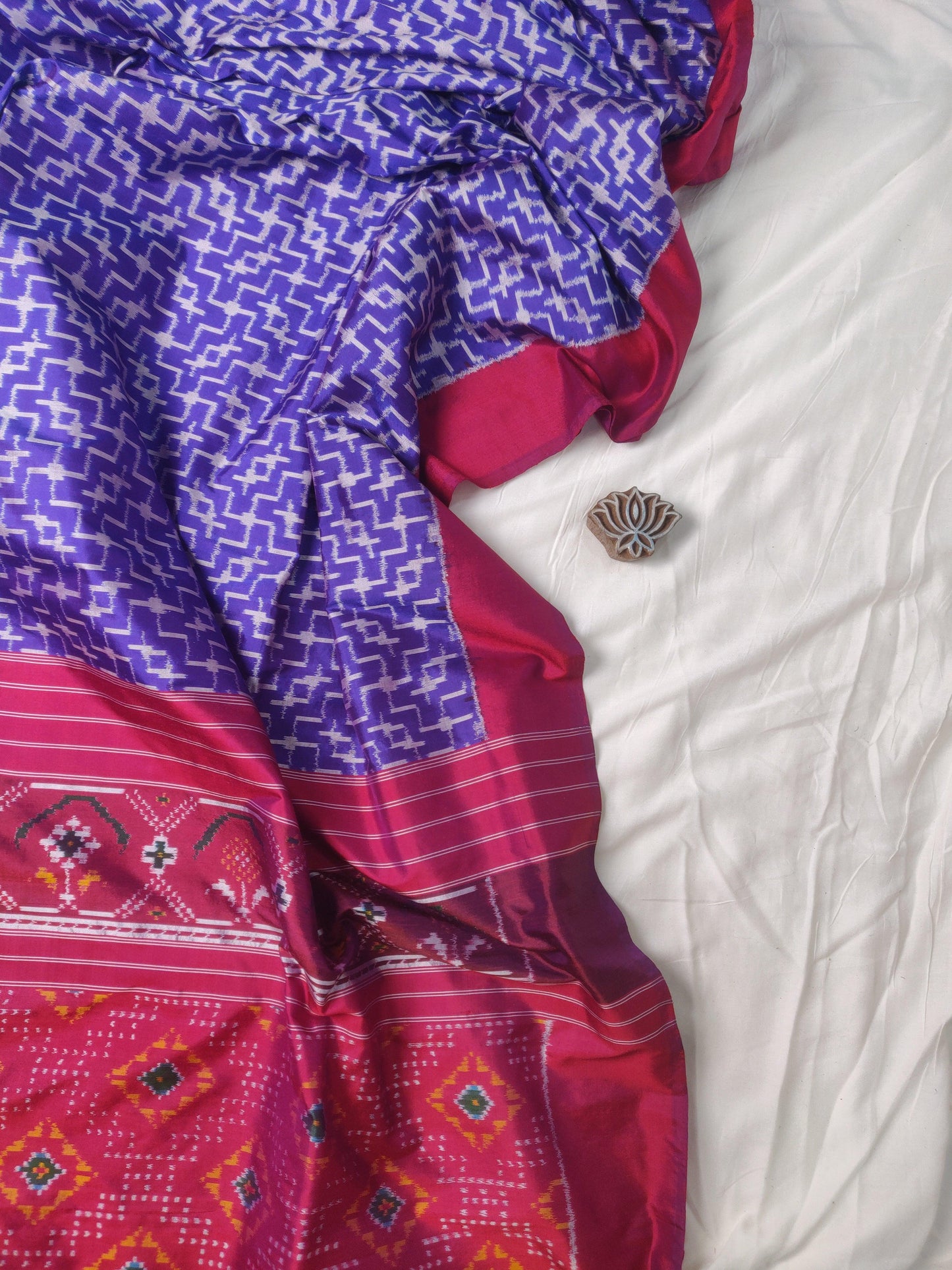 Purple & Red Handloom Ikkat Mulberry Silk Saree - Earthy Blocks