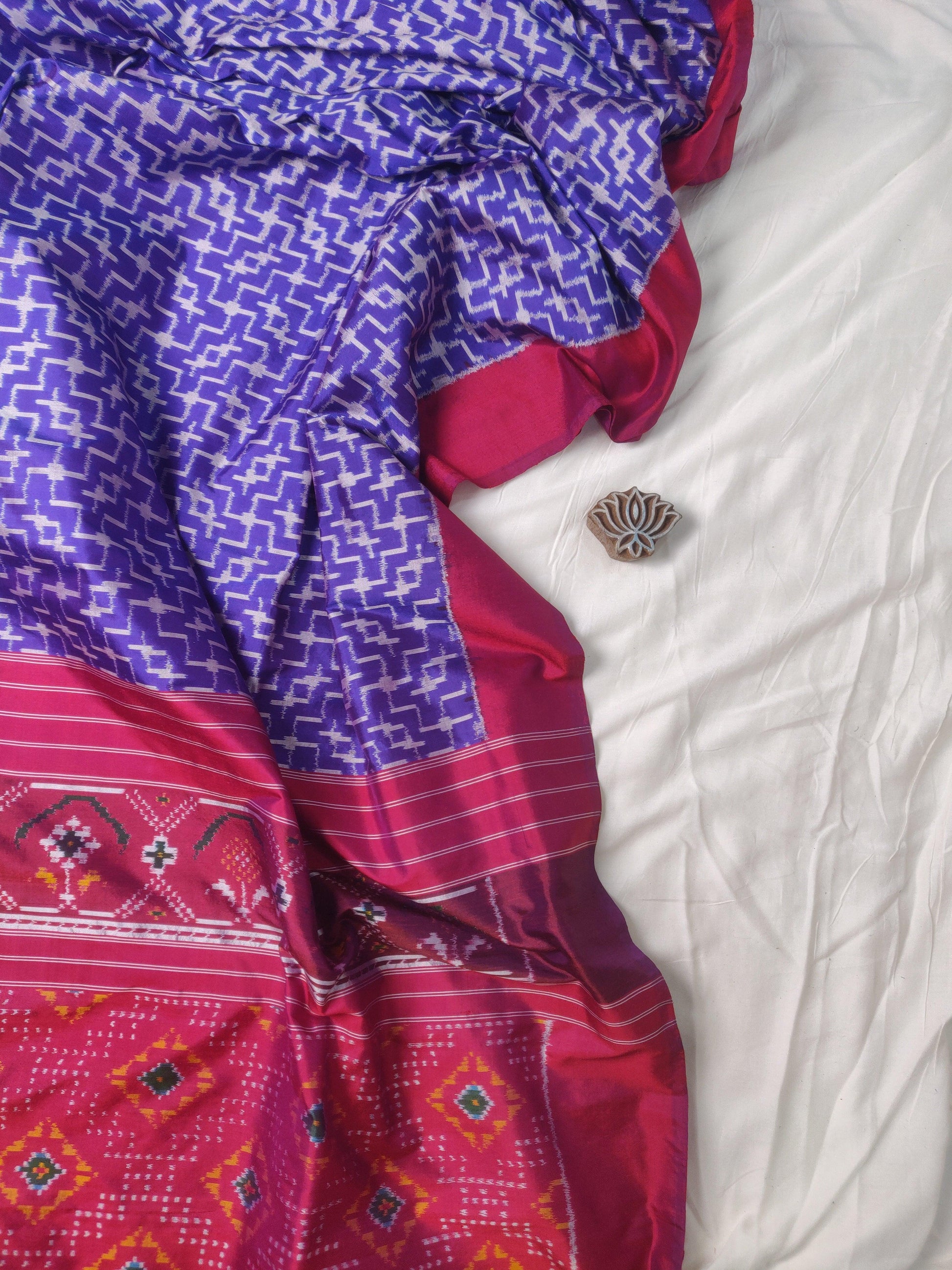 Purple & Red Handloom Ikkat Mulberry Silk Saree - Earthy Blocks