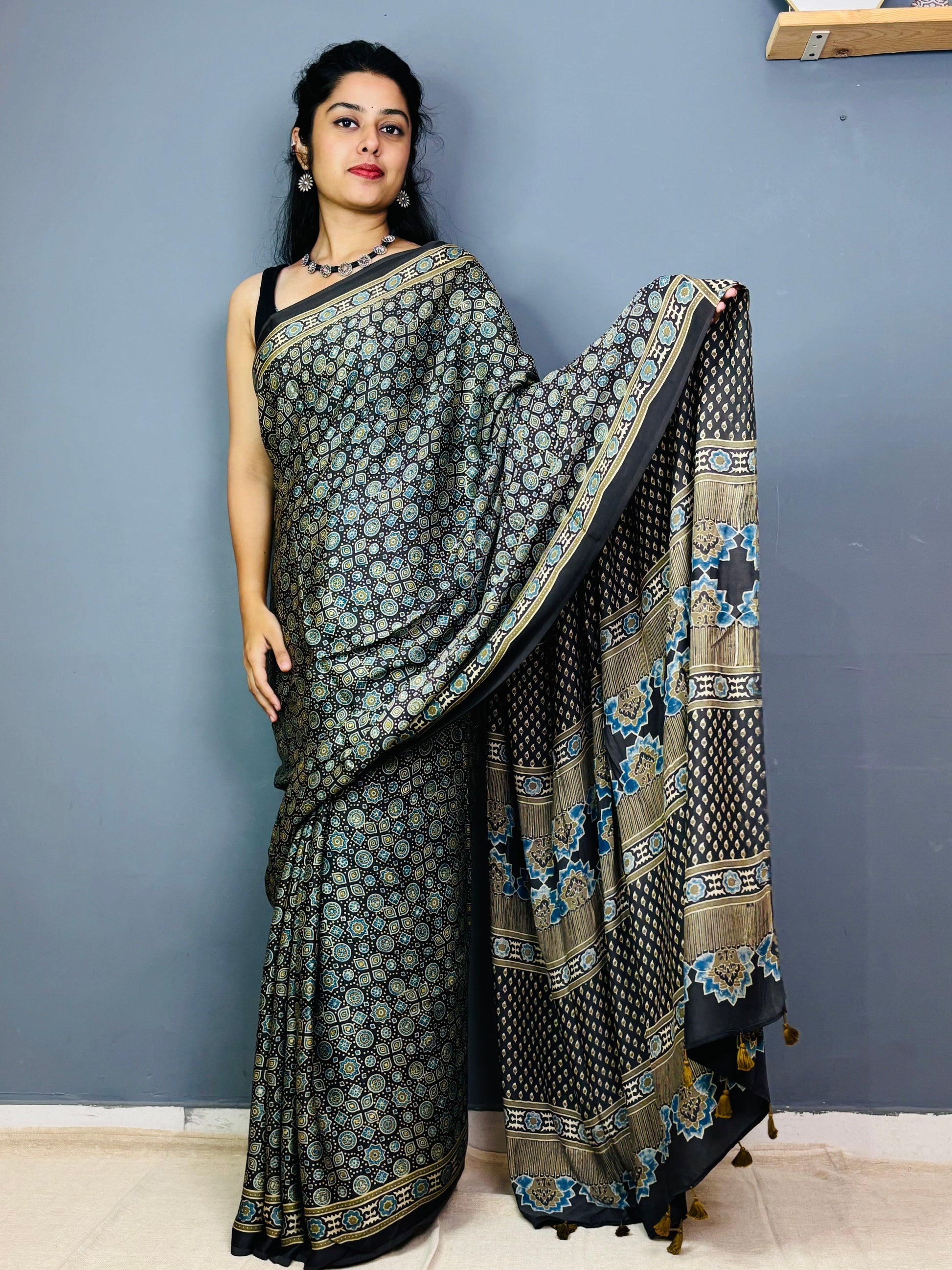 Olive Green & Black Ajrakh hand block Printed Modal Silk Saree - Earthy Blocks