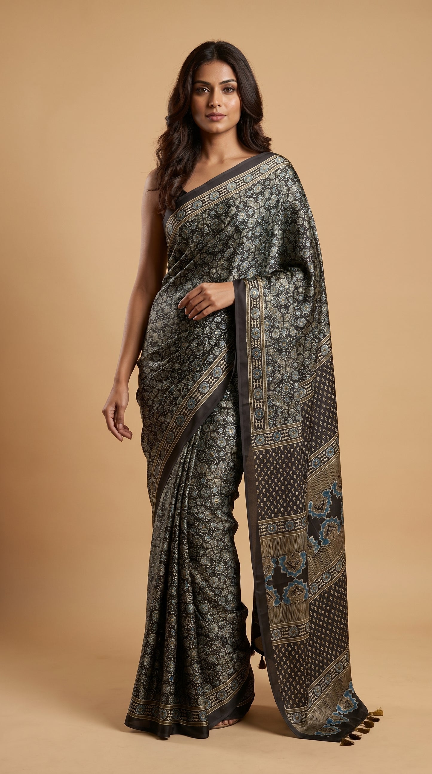 Olive Green & Black Ajrakh hand block Printed Modal Silk Saree - Earthy Blocks