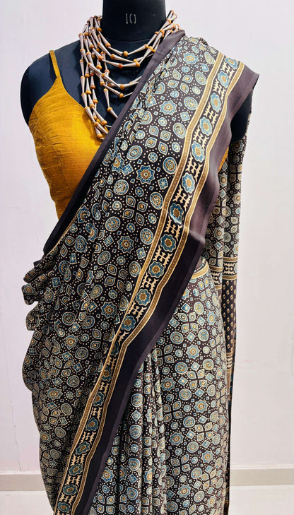 Olive Green & Black Ajrakh Hand Block Printed Modal Silk Saree - Earthy Blocks