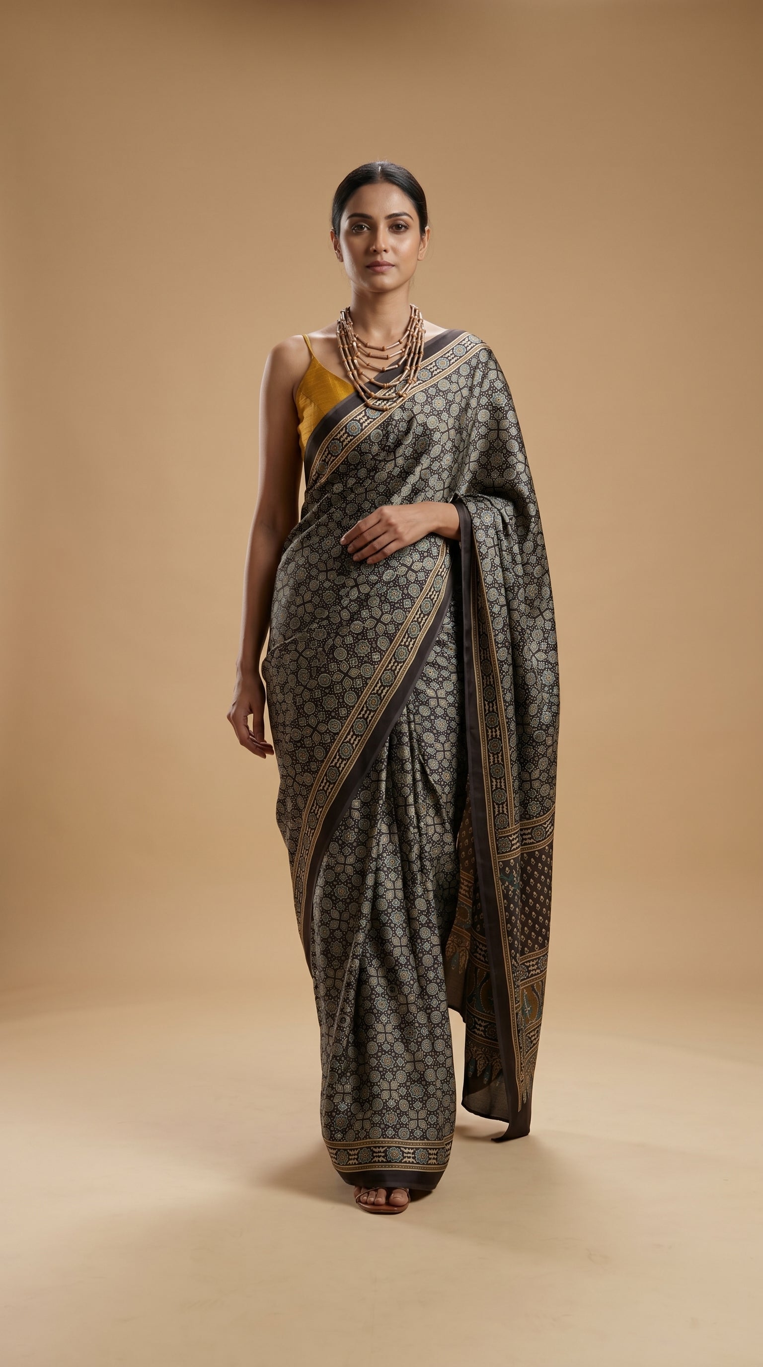 Olive Green & Black Ajrakh Hand Block Printed Modal Silk Saree - Earthy Blocks