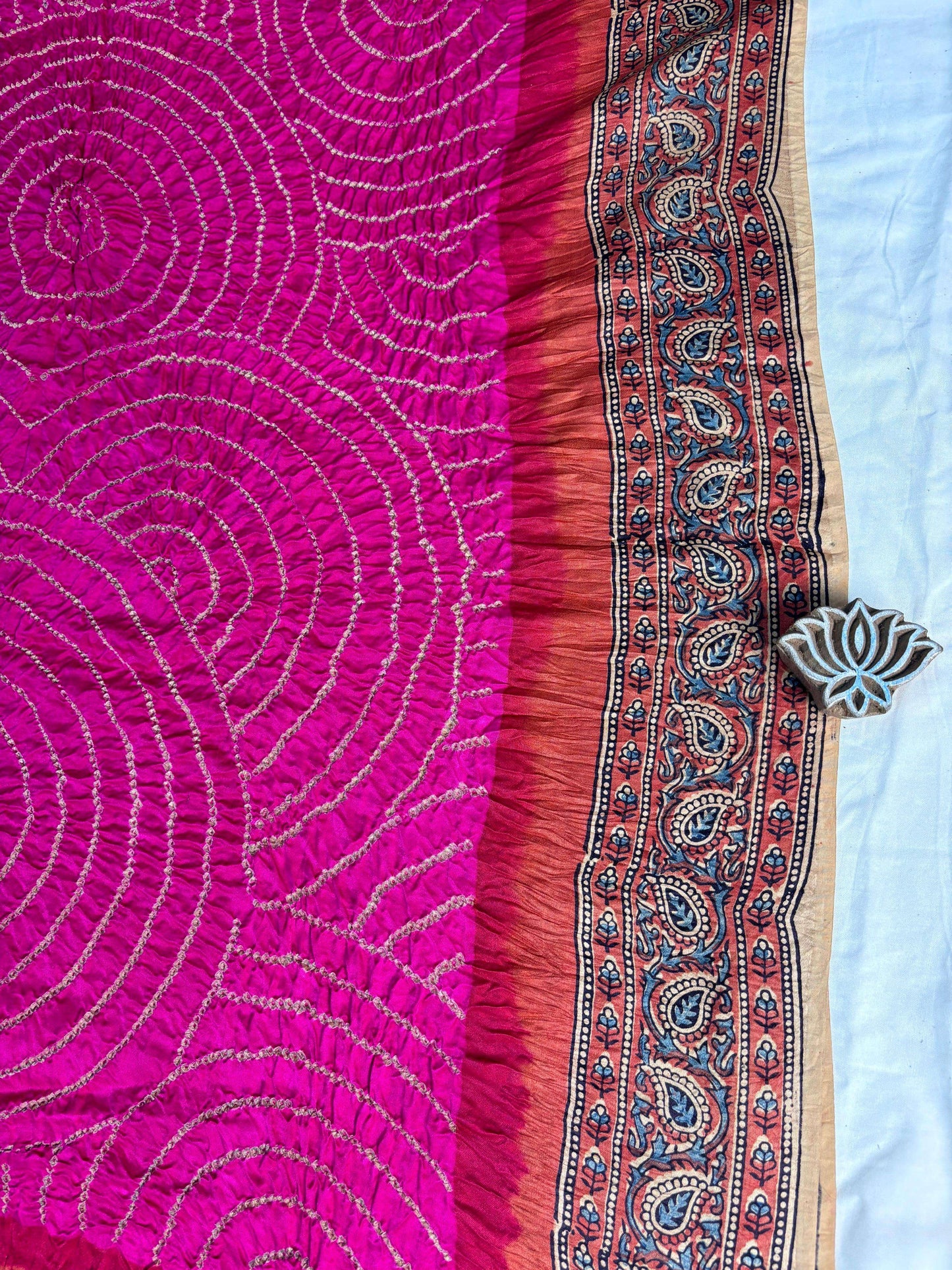 Rani Pink Ajrakh Bandhani Pure Gaji Silk Saree - Earthy Blocks