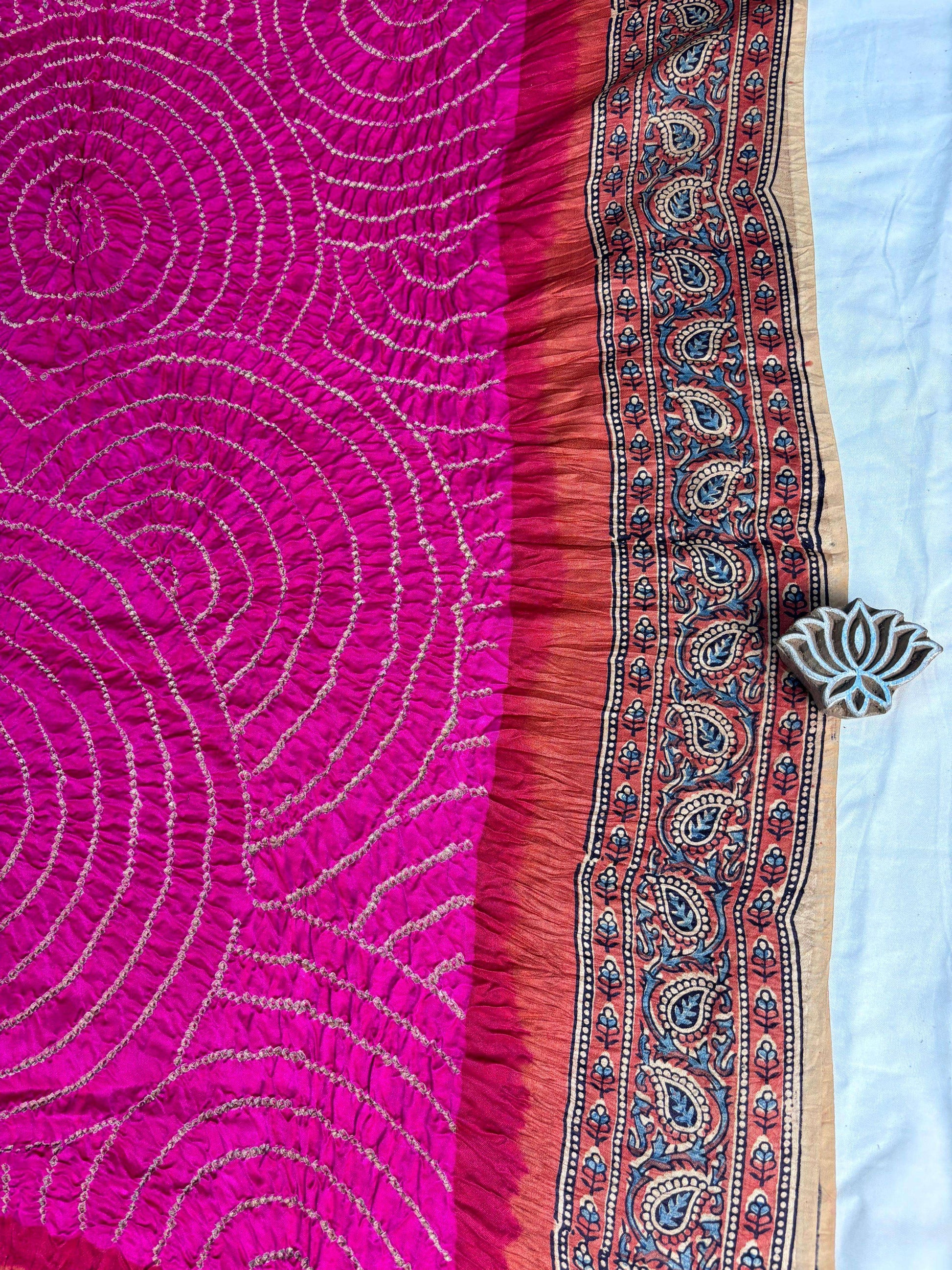 Rani Pink Ajrakh Bandhani Pure Gaji Silk Saree - Earthy Blocks
