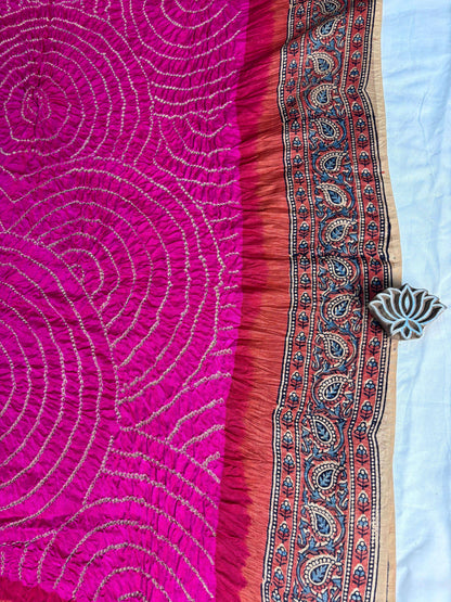 Rani Pink Ajrakh Bandhani Pure Gaji Silk Saree - Earthy Blocks