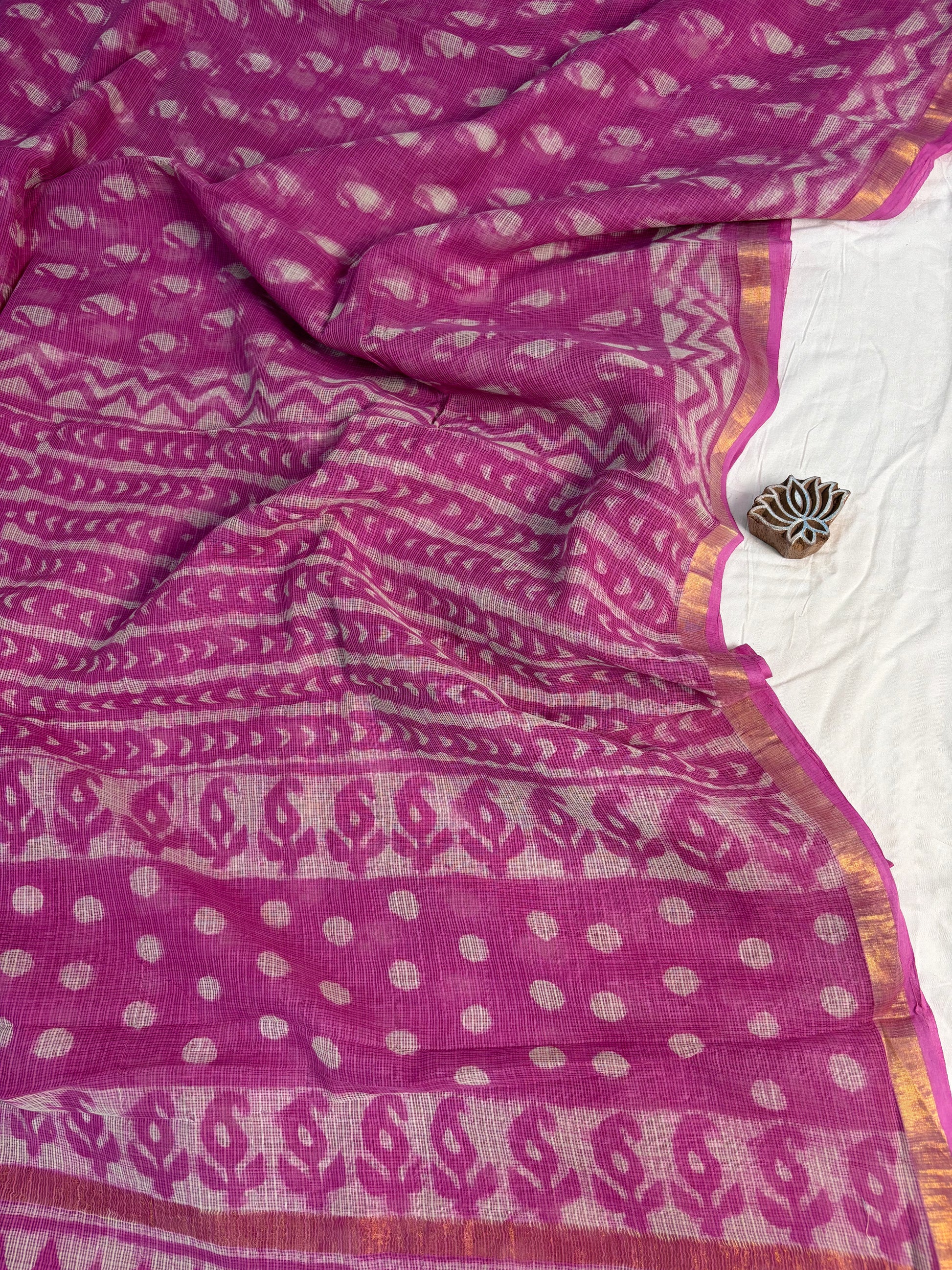 Pink Dabu Hand Block Printed Kota Doria Saree - Earthy Blocks