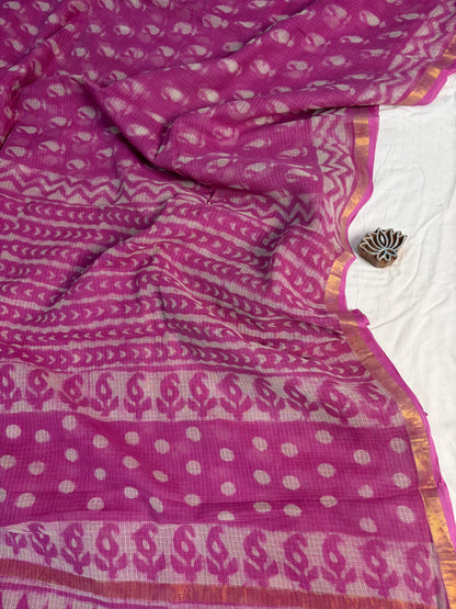 Pink Dabu Hand Block Printed Kota Doria Saree - Earthy Blocks