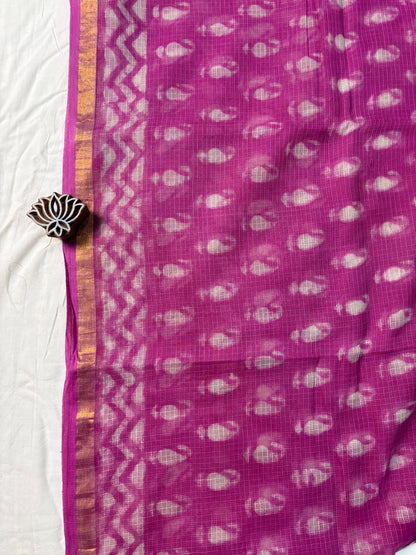Pink Dabu Hand Block Printed Kota Doria Saree - Earthy Blocks
