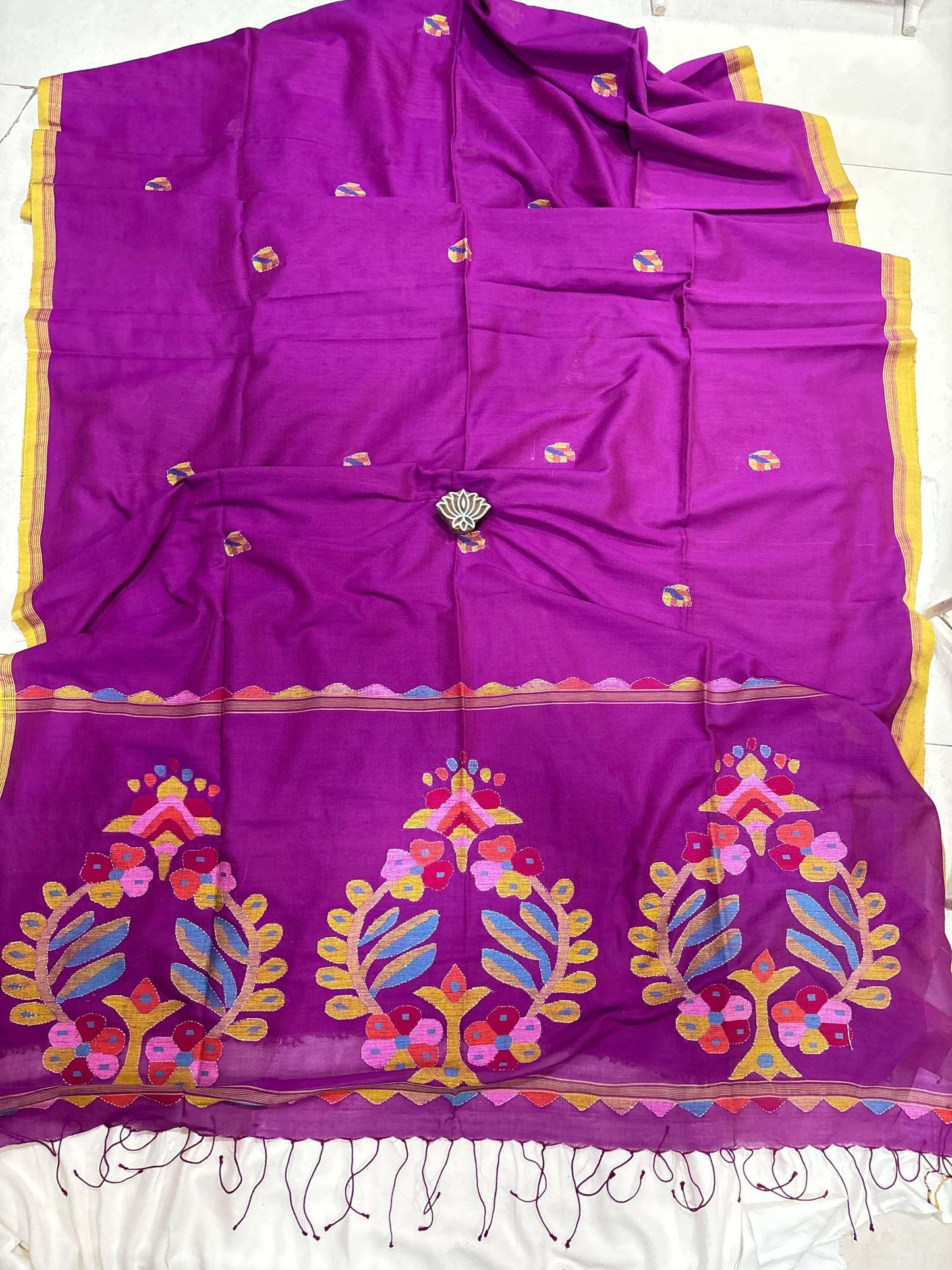 Pink Handloom Kantha Work Pure Cotton Jamdani Saree - Earthy Blocks