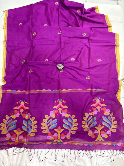 Pink Handloom Kantha Work Pure Cotton Jamdani Saree - Earthy Blocks