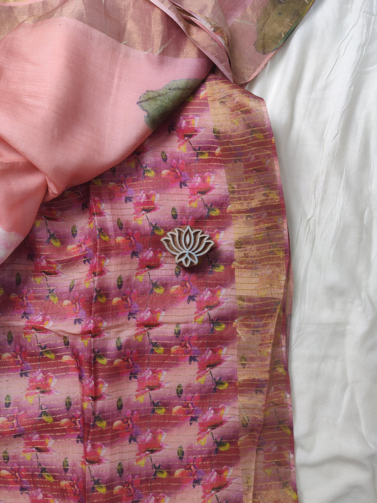 Pink Floral Tussar Silk Saree - Earthy Blocks