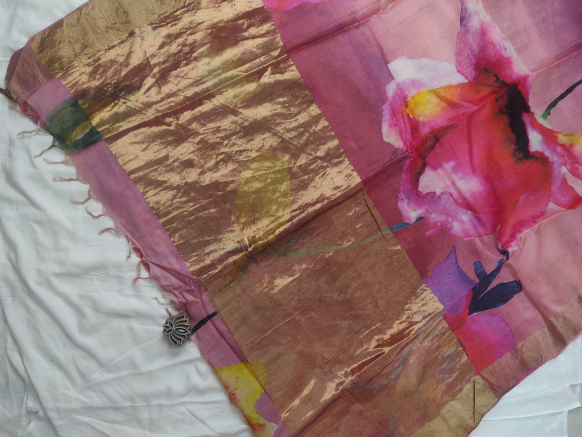 Pink Floral Tussar Silk Saree - Earthy Blocks