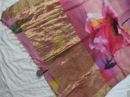 Pink Floral Tussar Silk Saree - Earthy Blocks