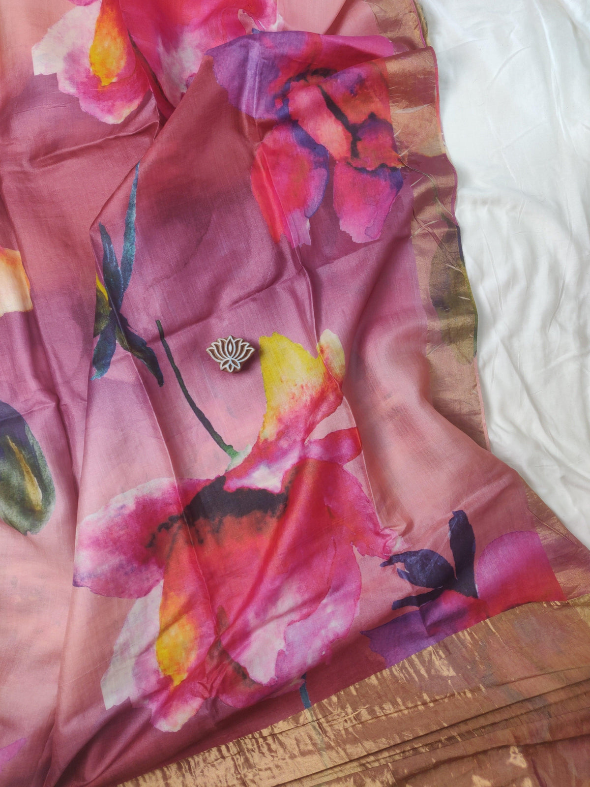 Pink Floral Tussar Silk Saree - Earthy Blocks