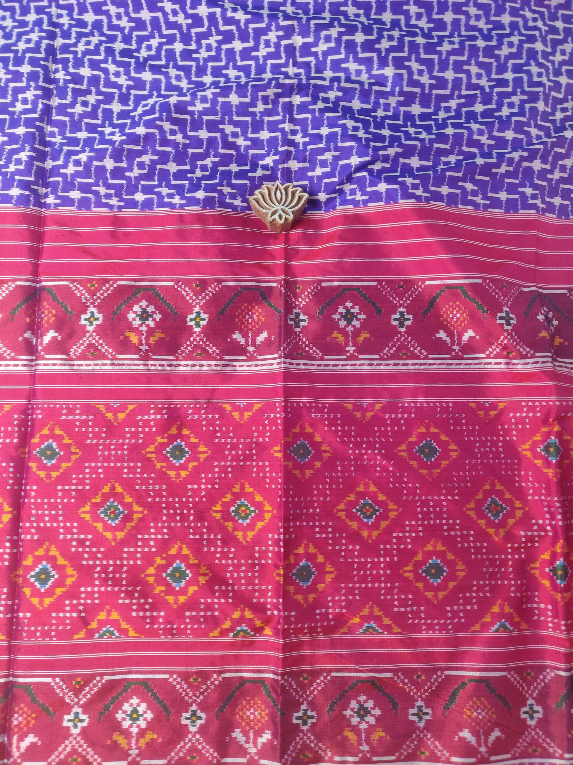 Purple & Red Handloom Ikkat Mulberry Silk Saree - Earthy Blocks