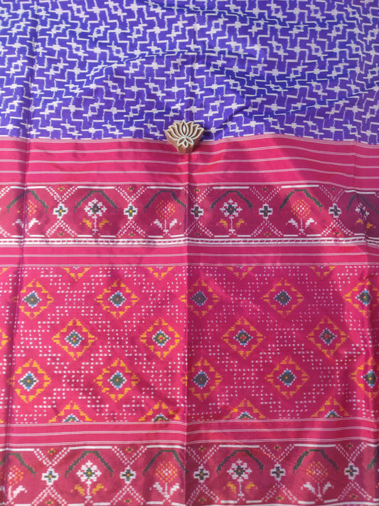 Purple & Red Handloom Ikkat Mulberry Silk Saree - Earthy Blocks