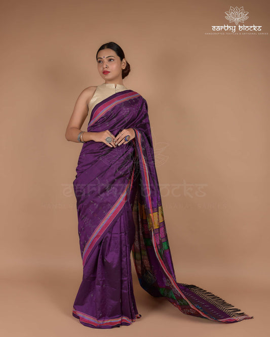 Purple Tangaliya Silk Handwoven Saree — traditional Gujarat weave — Earthy Blocks