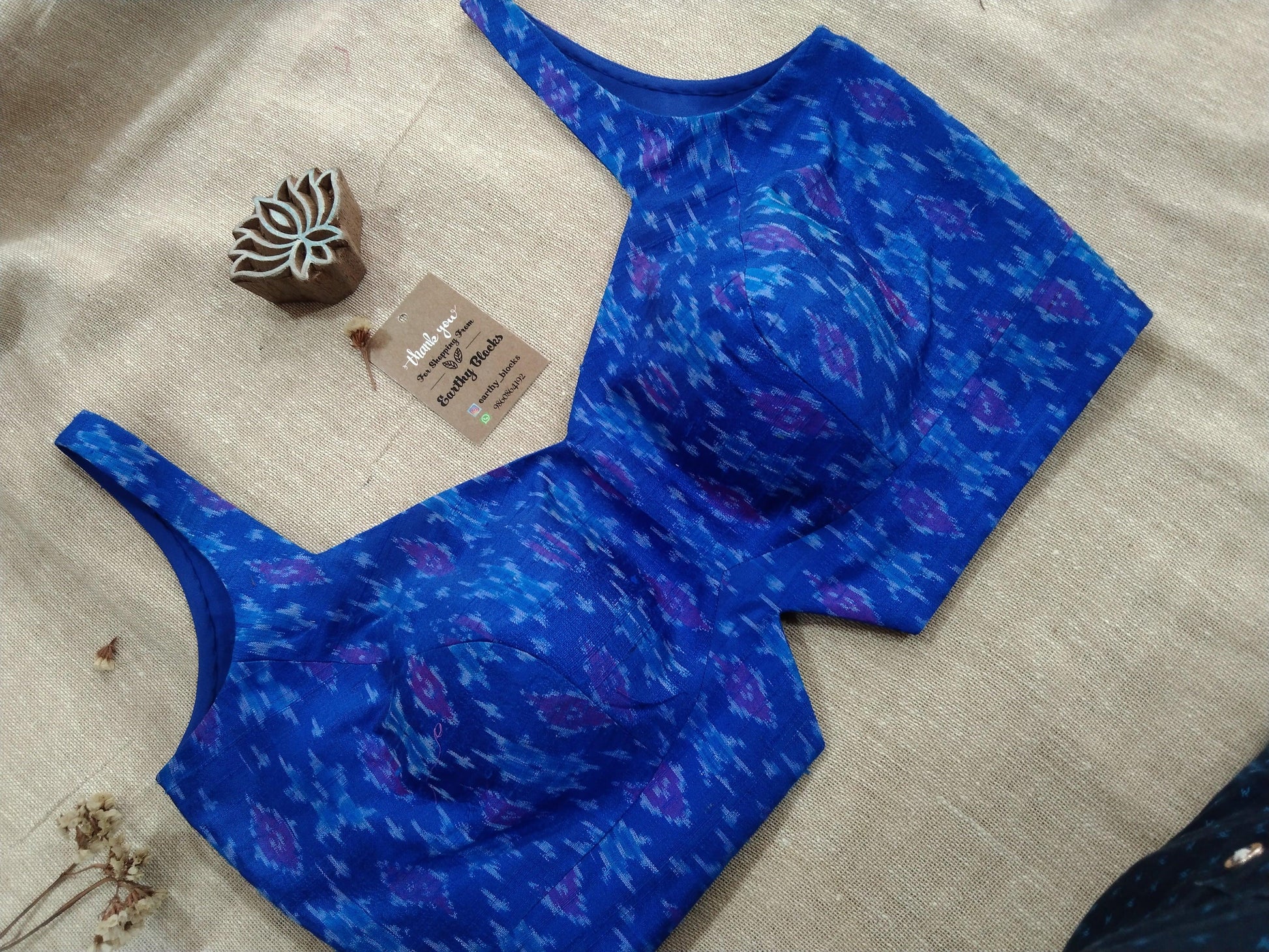 Royal Blue Handloom Ikat Raw Silk Sleeveless Blouse - Earthy Blocks