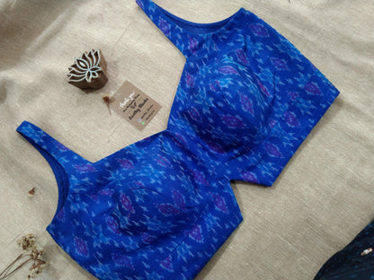 Royal Blue Handloom Ikat Raw Silk Sleeveless Blouse - Earthy Blocks