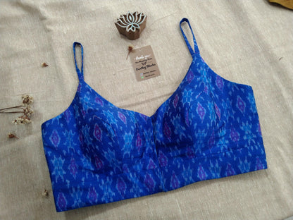 Royal Blue Handloom Ikkat Raw Silk Sleeveless Blouse - Earthy Blocks