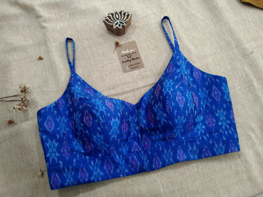 Royal Blue Handloom Ikkat Raw Silk Sleeveless Blouse - Earthy Blocks
