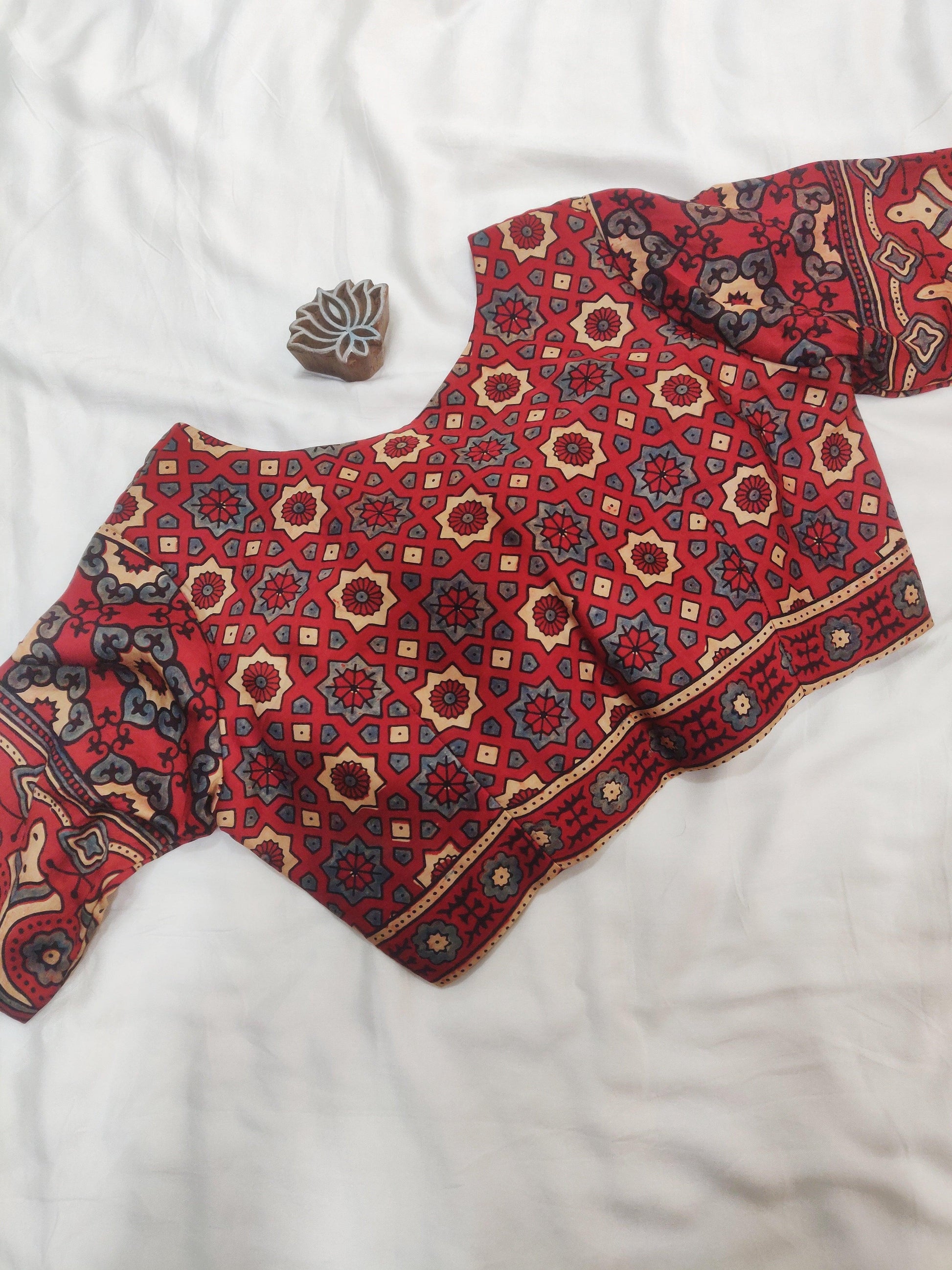 Red Ajrakh Modal SIlk Blouse - Earthy Blocks