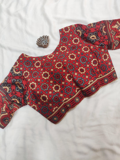 Red Ajrakh Modal SIlk Blouse - Earthy Blocks