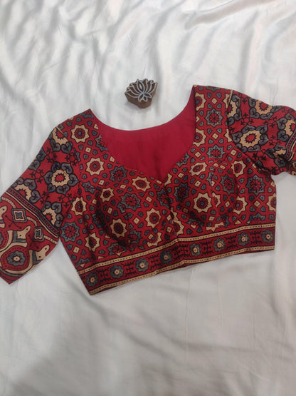 Red Ajrakh Modal SIlk Blouse - Earthy Blocks