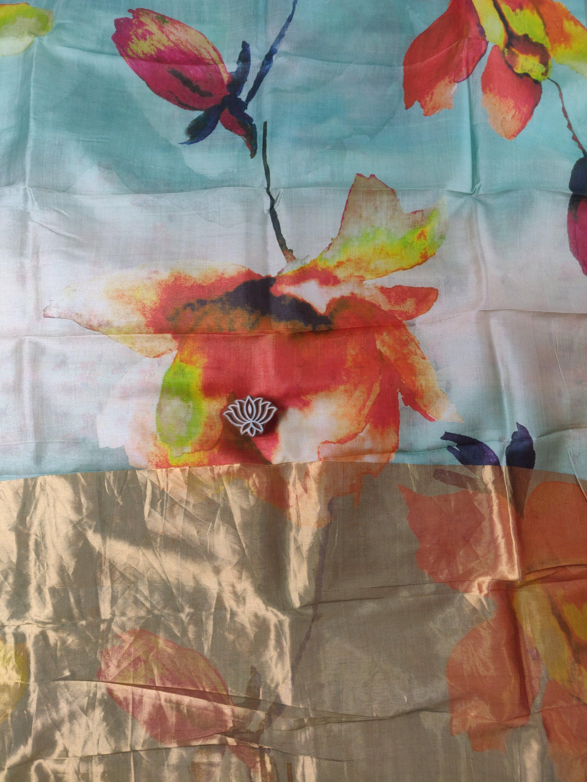 Teal Floral Tussar Silk Saree - Earthy Blocks