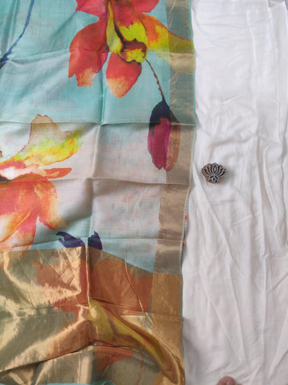 Teal Floral Tussar Silk Saree - Earthy Blocks