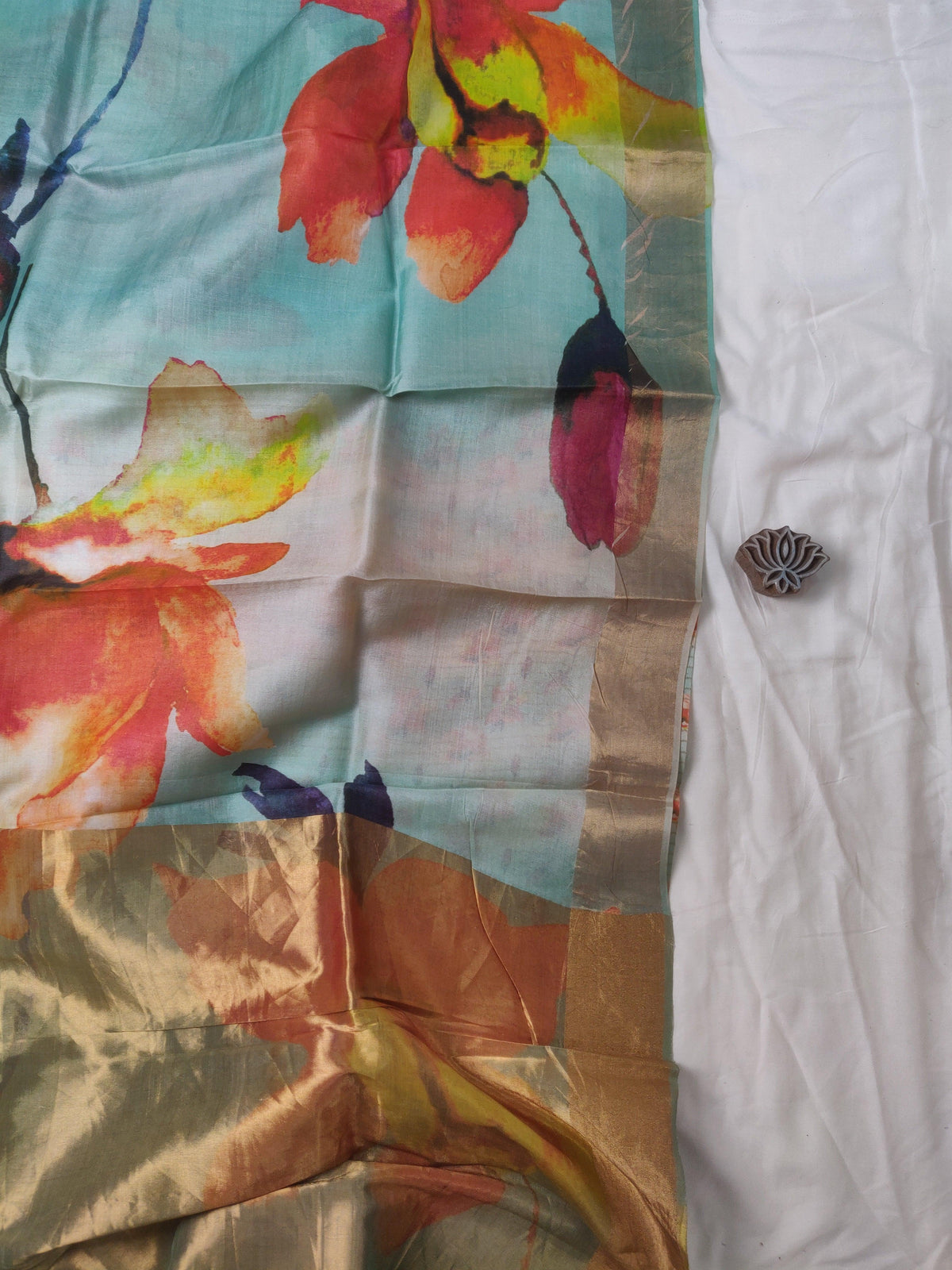 Teal Floral Tussar Silk Saree - Earthy Blocks