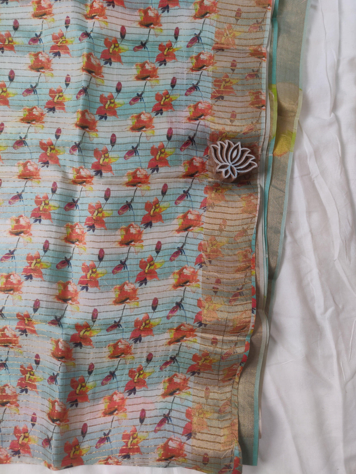 Teal Floral Tussar Silk Saree - Earthy Blocks