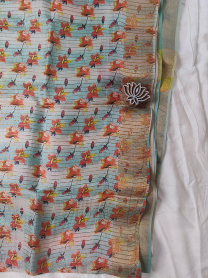 Teal Floral Tussar Silk Saree - Earthy Blocks
