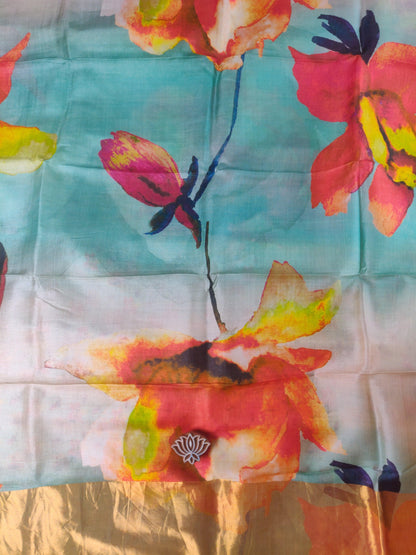 Teal Floral Tussar Silk Saree - Earthy Blocks